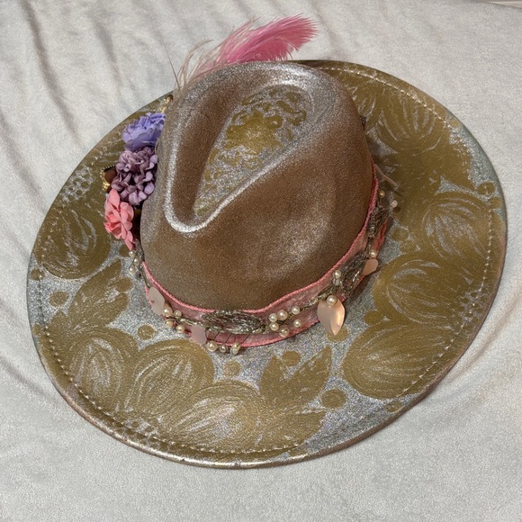 Hand Painted Boho Glam Festive Hat • Feather• Rhinestone • Butterfly • Floral - Picture 8 of 11